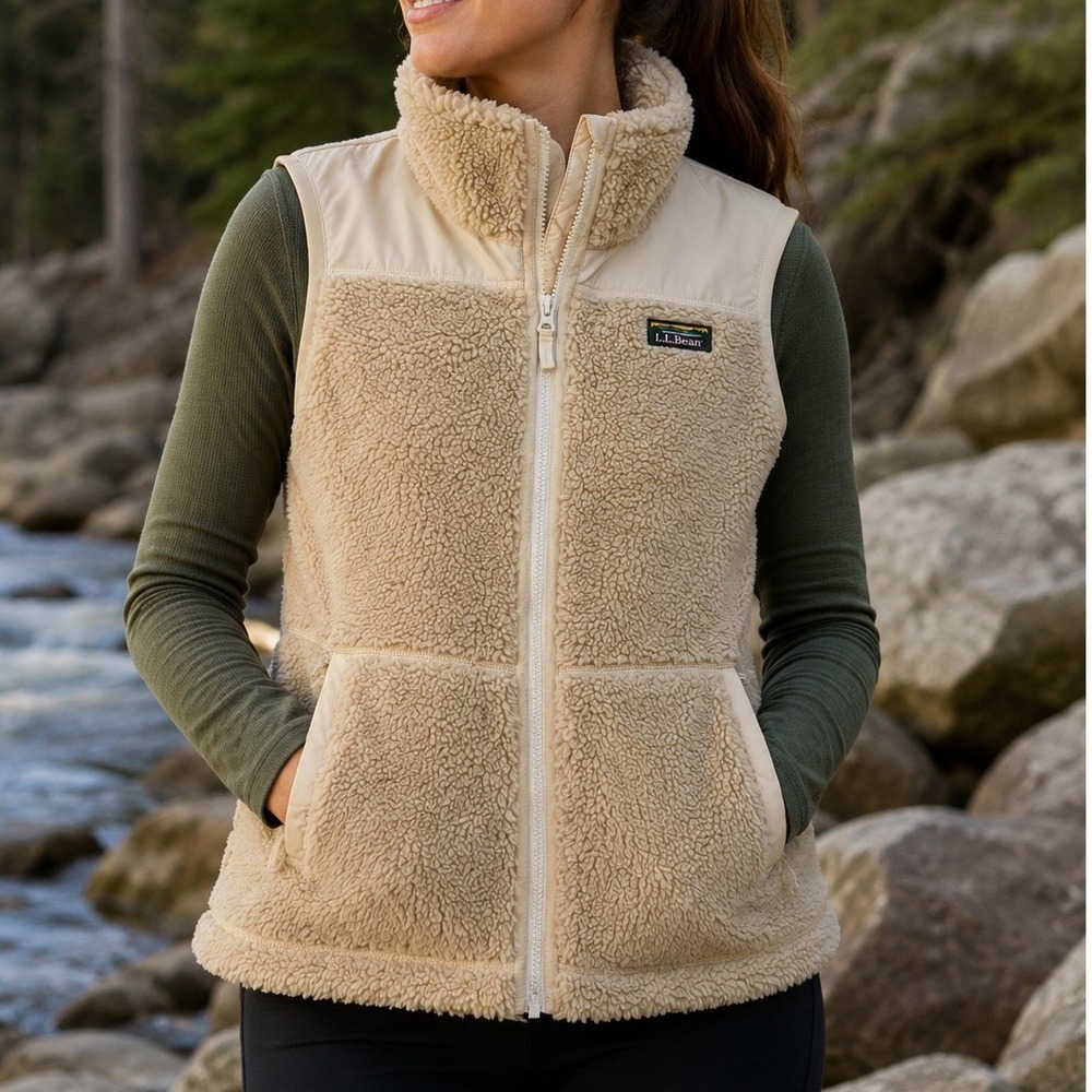 L.L. Bean Large Sherpa Fleece Vest Mountain Classic Beige Cream Full Zip 519066
